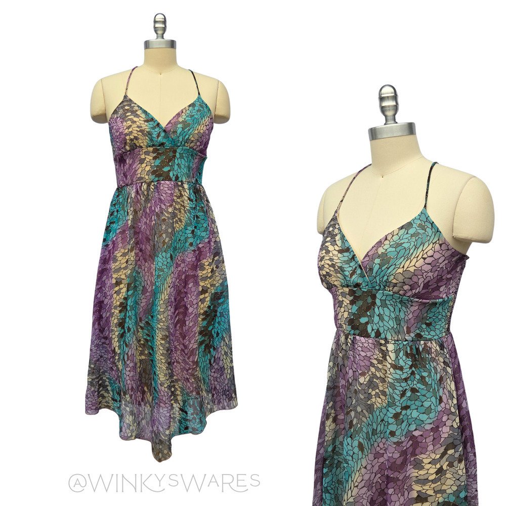 Vintage Y2K Whimsigoth Fairy Midi Dress Size M Metallic Sleeveless Slip